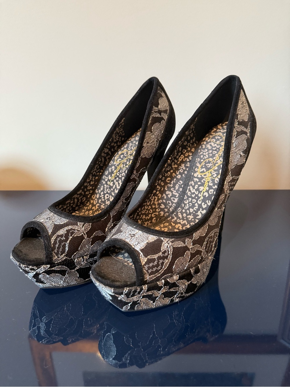 Jessica Simpson Black and Silver Lace Peep-Toe Platform Pumps
